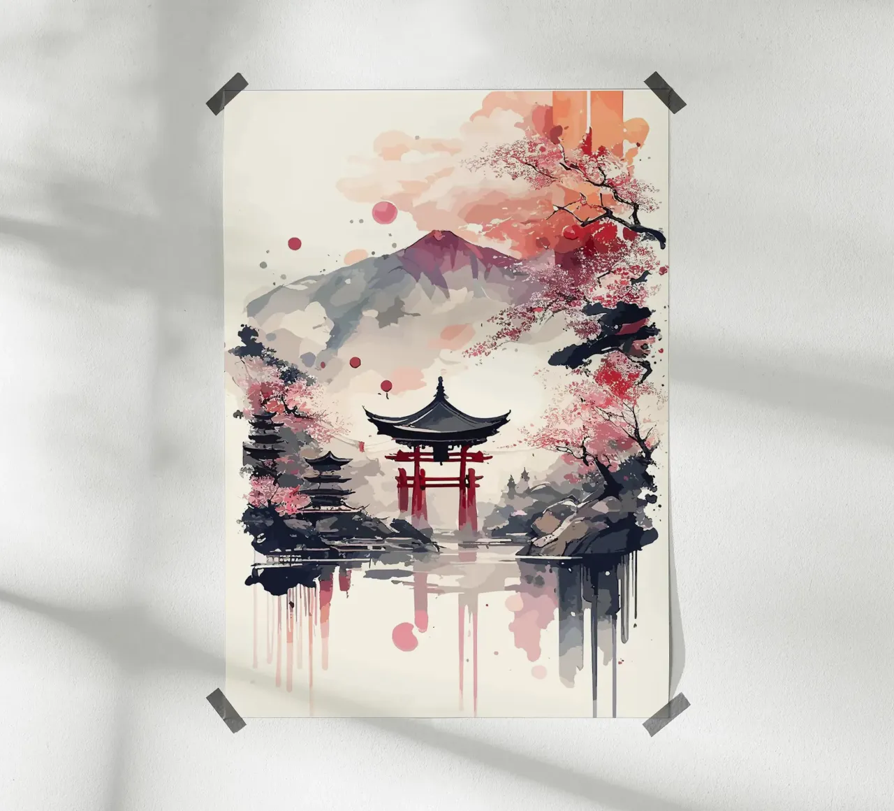 pagoda montagna fiori di ciliegio lago di riflessione poster con telaio in legno da minerva santiago