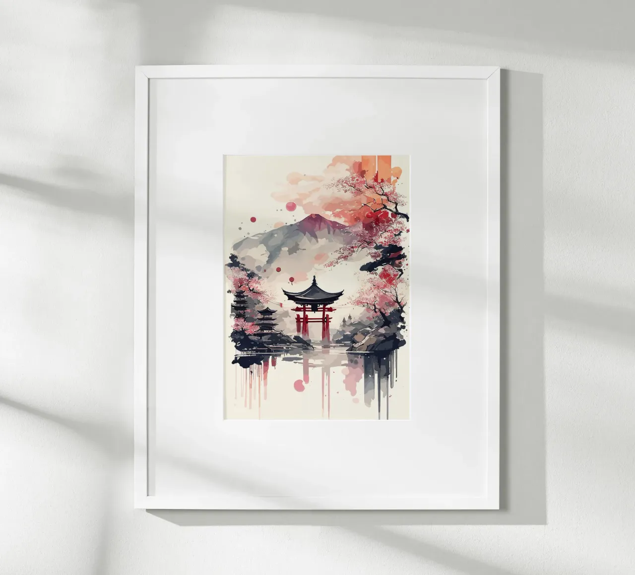 pagoda montagna fiori di ciliegio lago di riflessione poster con telaio in legno da minerva santiago