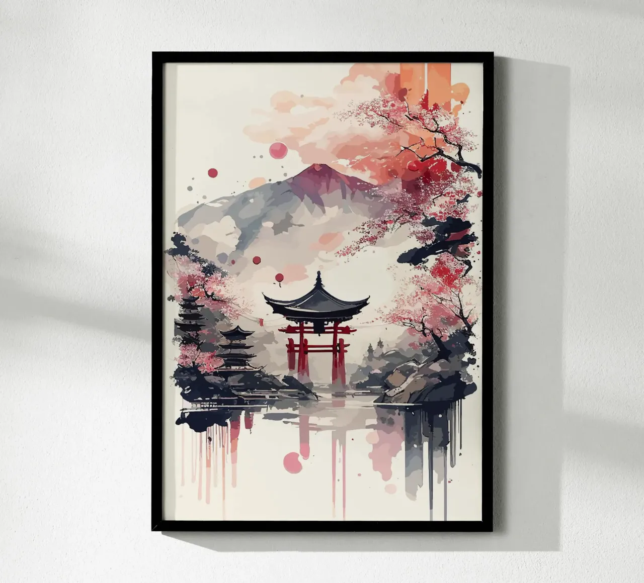 pagoda montagna fiori di ciliegio lago di riflessione poster con telaio in legno da minerva santiago