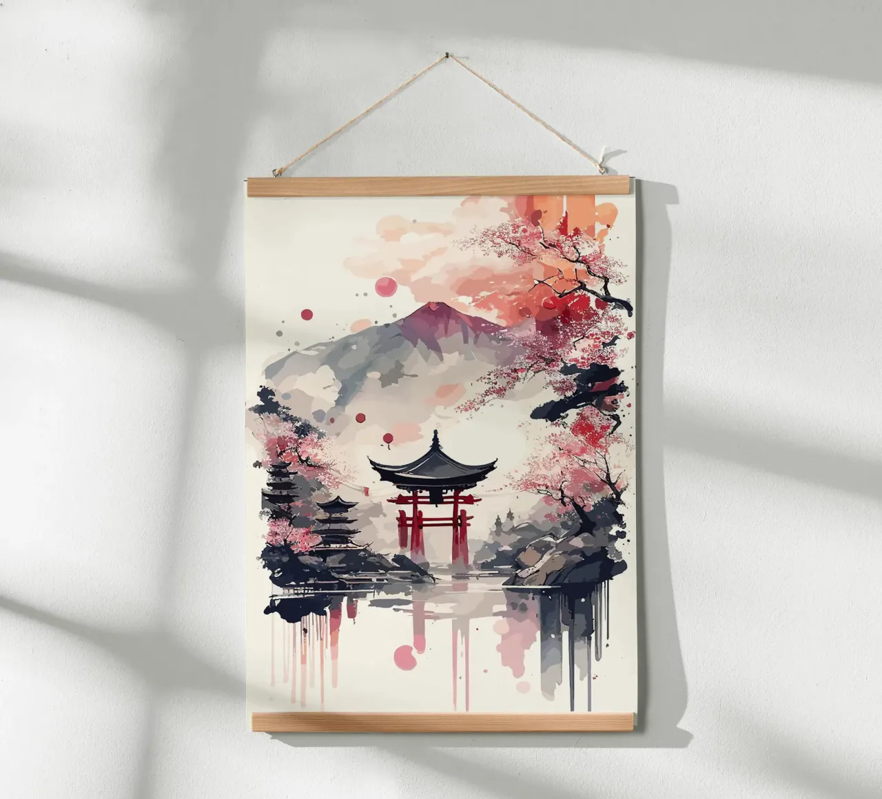 pagoda montagna fiori di ciliegio lago di riflessione poster con telaio in legno da minerva santiago