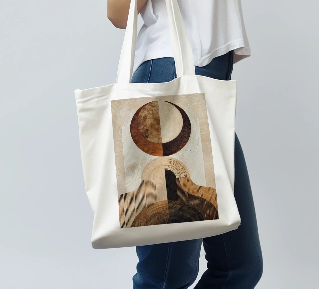 circle arc lines patterns abstract shapes texture beige brow tote bag by minerva santiago