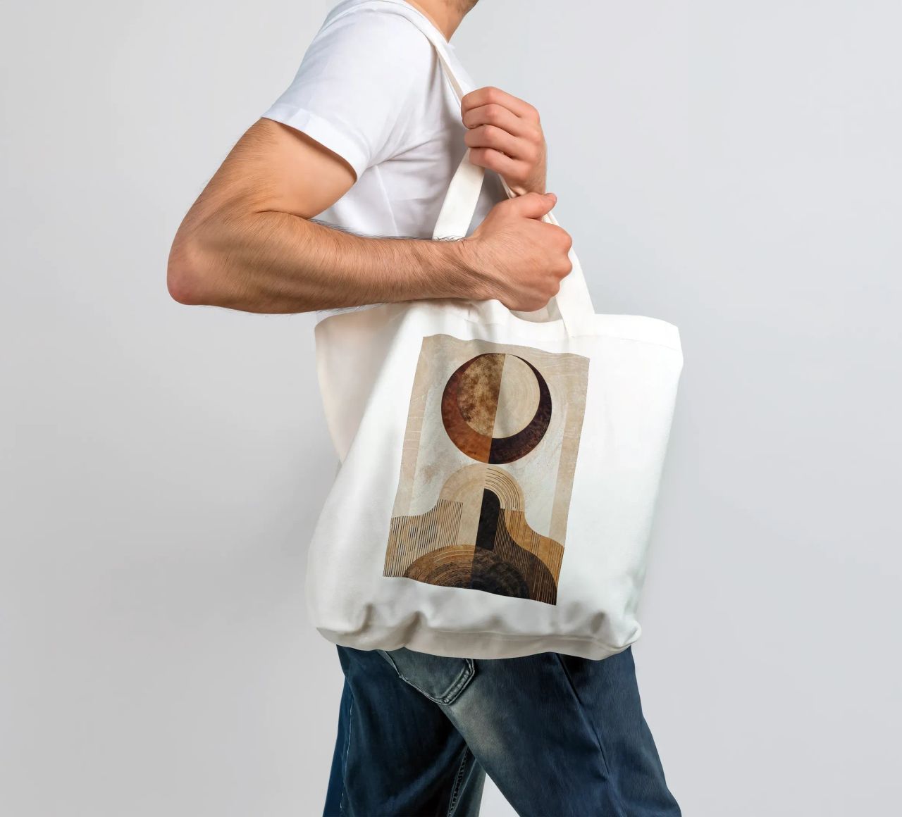 circle arc lines patterns abstract shapes texture beige brow tote bag by minerva santiago