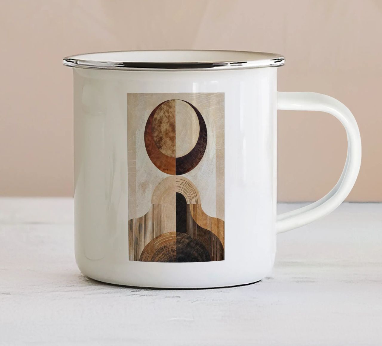 circle arc lines patterns abstract shapes texture beige brow enamel mug by minerva santiago