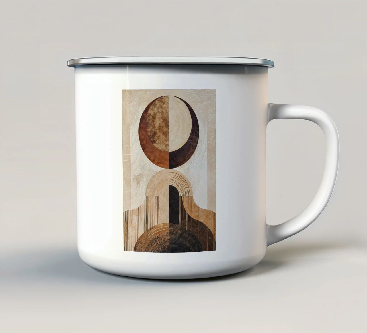circle arc lines patterns abstract shapes texture beige brow enamel mug by minerva santiago