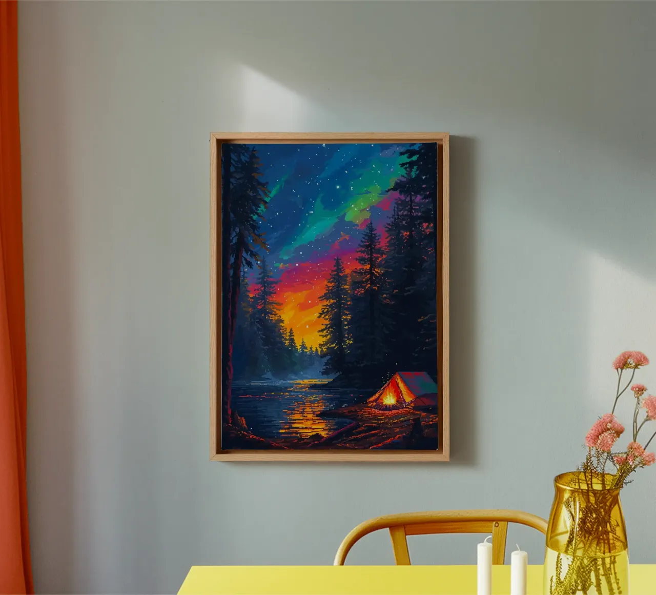 camping tent bos sterren noorderlicht kampvuur rivier canvas met Baklijst van minerva santiago
