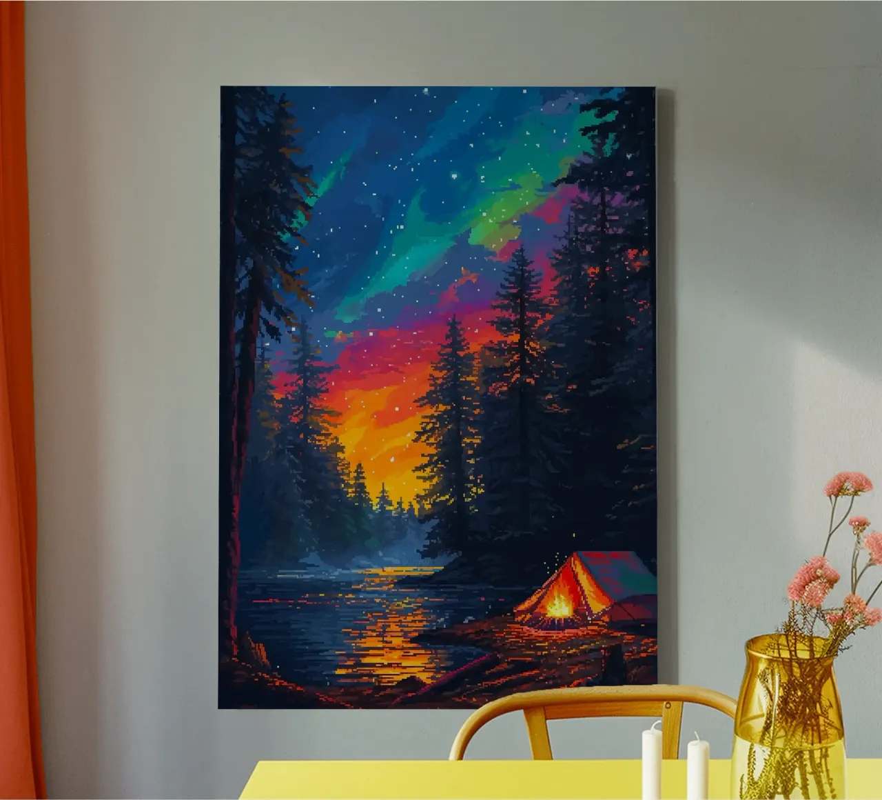 camping tent bos sterren noorderlicht kampvuur rivier canvas met Baklijst van minerva santiago