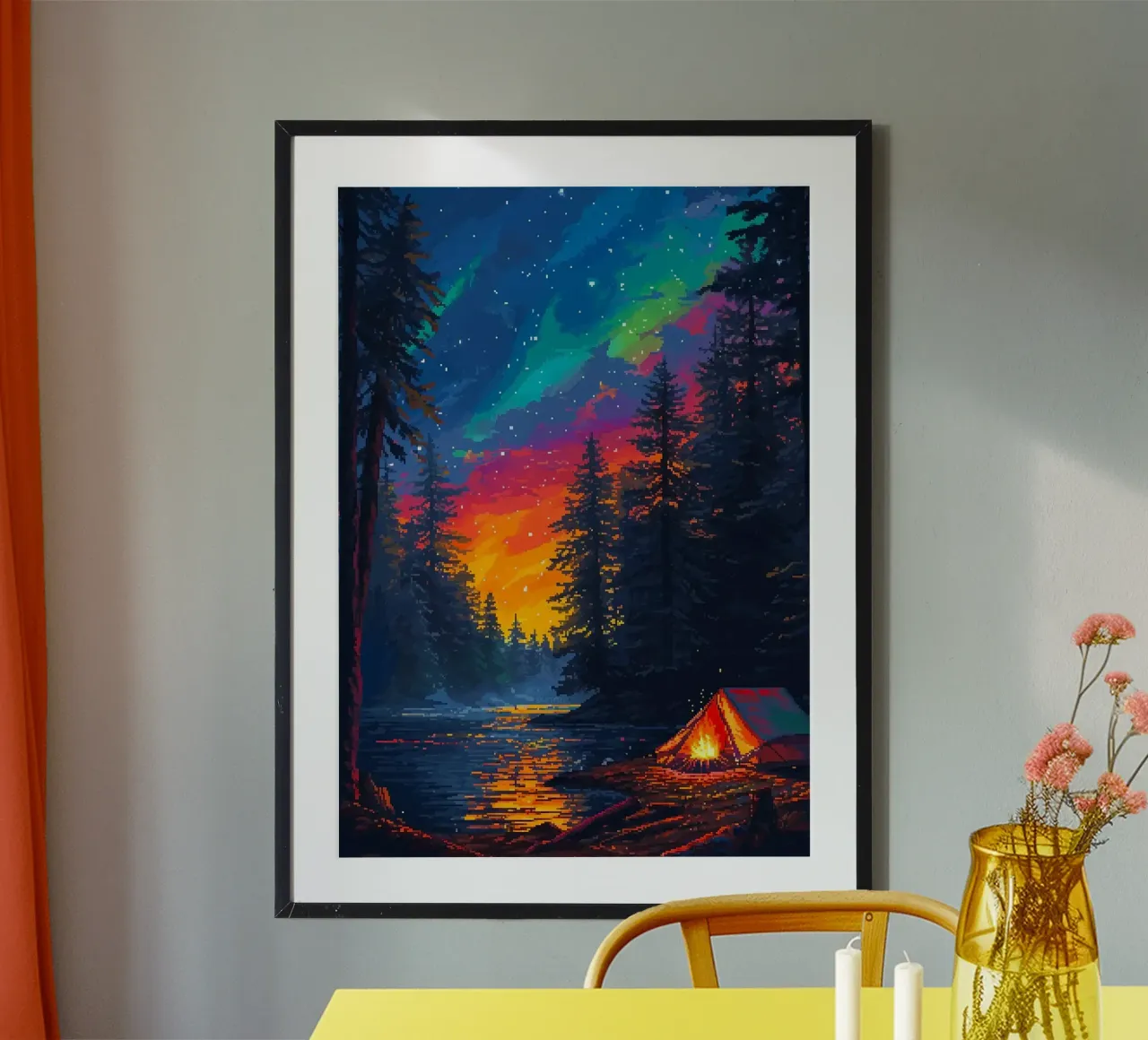 tenda da campeggio foresta stelle aurora boreale falò fiume poster con telaio in legno da minerva santiago