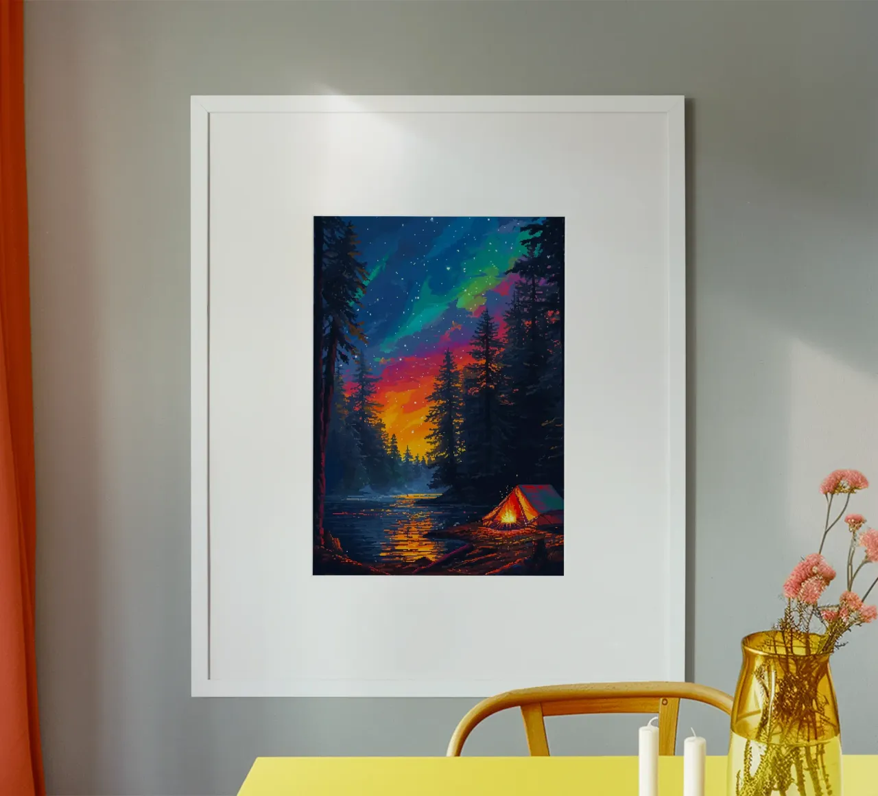 tenda da campeggio foresta stelle aurora boreale falò fiume poster con telaio in legno da minerva santiago