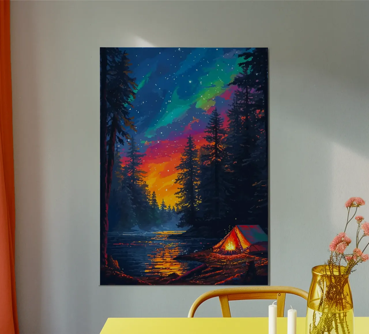 tenda da campeggio foresta stelle aurora boreale falò fiume poster con telaio in legno da minerva santiago