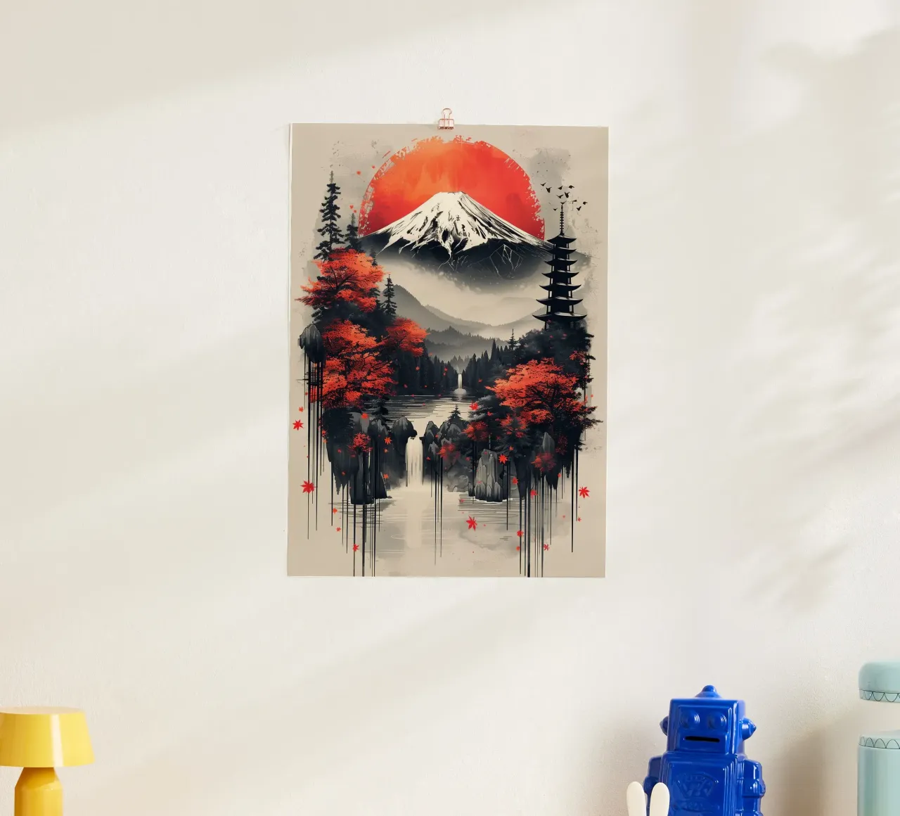 montagna pagoda sole rosso pini cascata rocce nebbia uccello poster con telaio in alluminio da minerva santiago