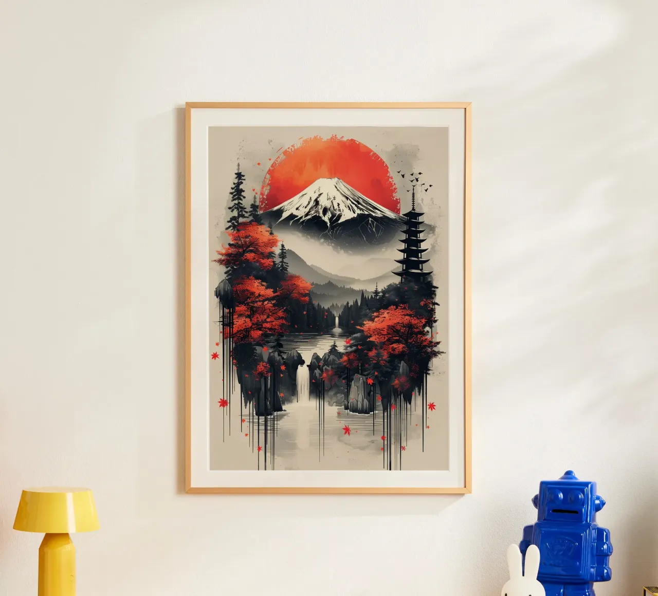 montagna pagoda sole rosso pini cascata rocce nebbia uccello poster con telaio in alluminio da minerva santiago