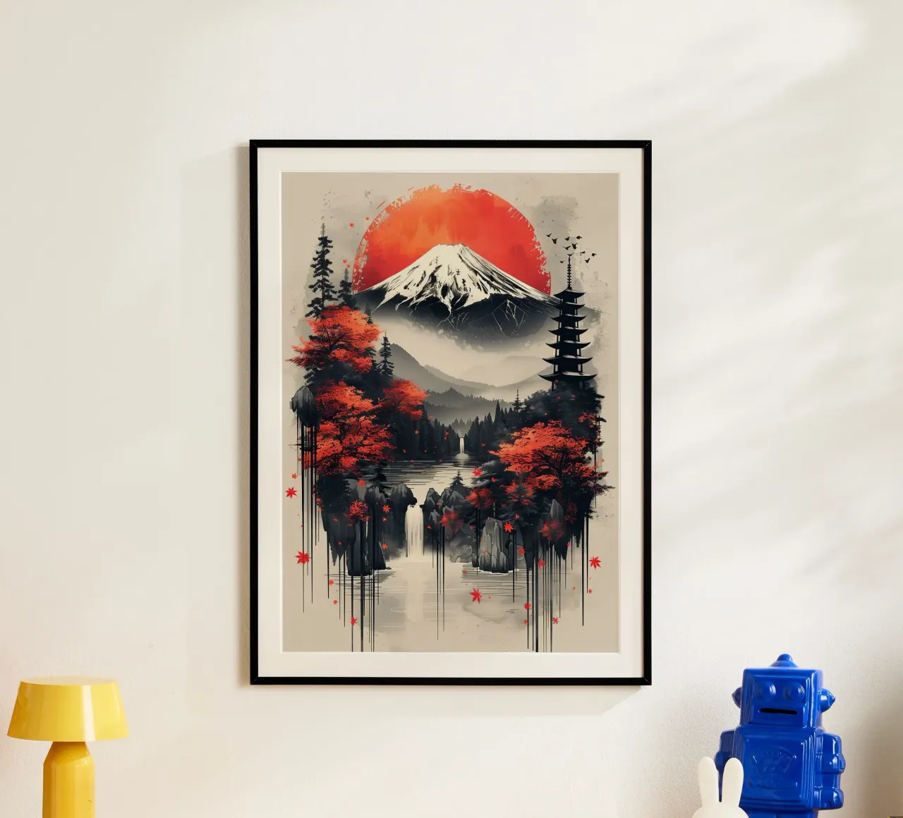 montagna pagoda sole rosso pini cascata rocce nebbia uccello poster con telaio in alluminio da minerva santiago
