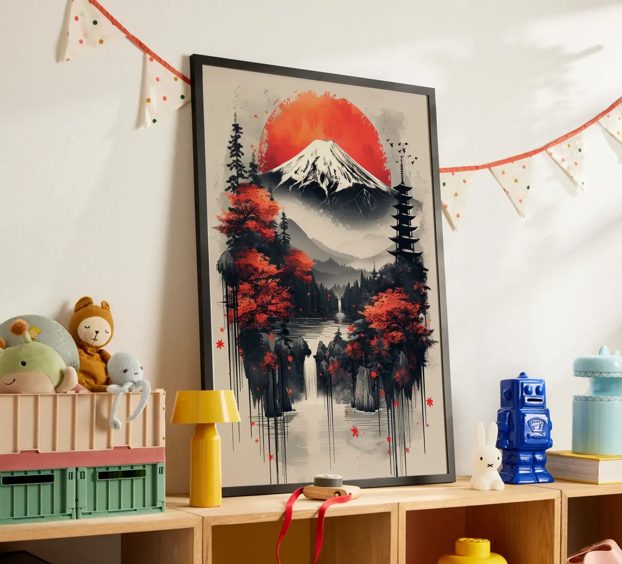 montagna pagoda sole rosso pini cascata rocce nebbia uccello poster con telaio in alluminio da minerva santiago