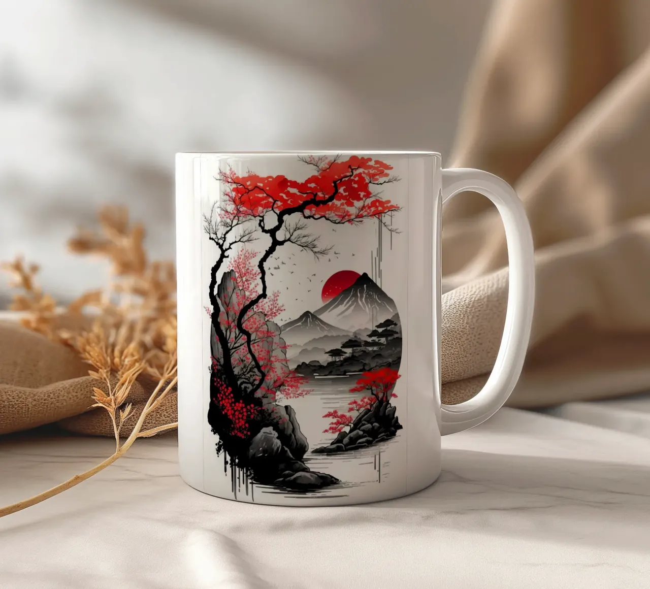 montagna rosso sole fiume albero montagna riflessione uccelli tazza in ceramica da minerva santiago