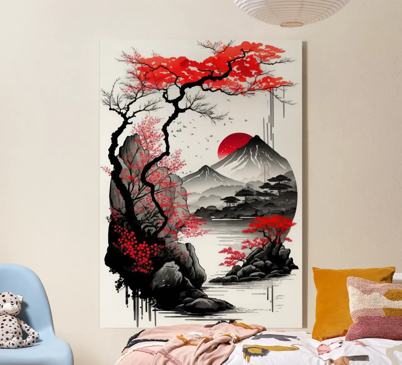 montagna rosso sole fiume albero montagna riflessione uccelli plexiglass da minerva santiago