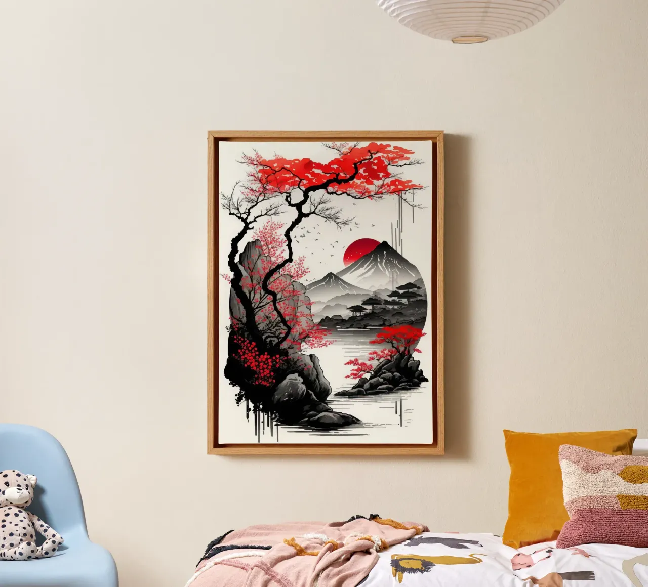 berg rood zon rivier boom berg reflectie vogels canvas met Baklijst van minerva santiago
