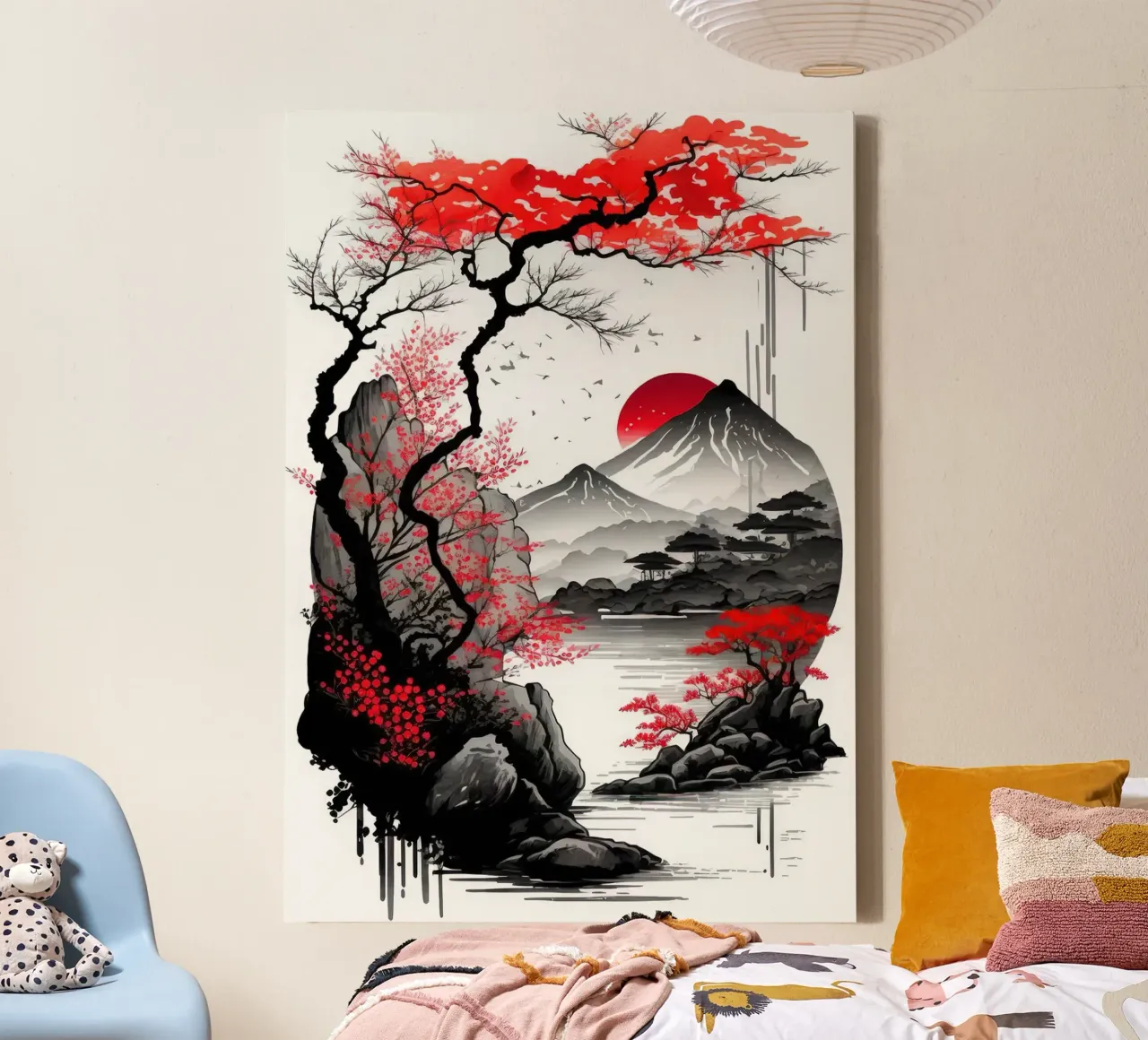 berg rood zon rivier boom berg reflectie vogels canvas met Baklijst van minerva santiago