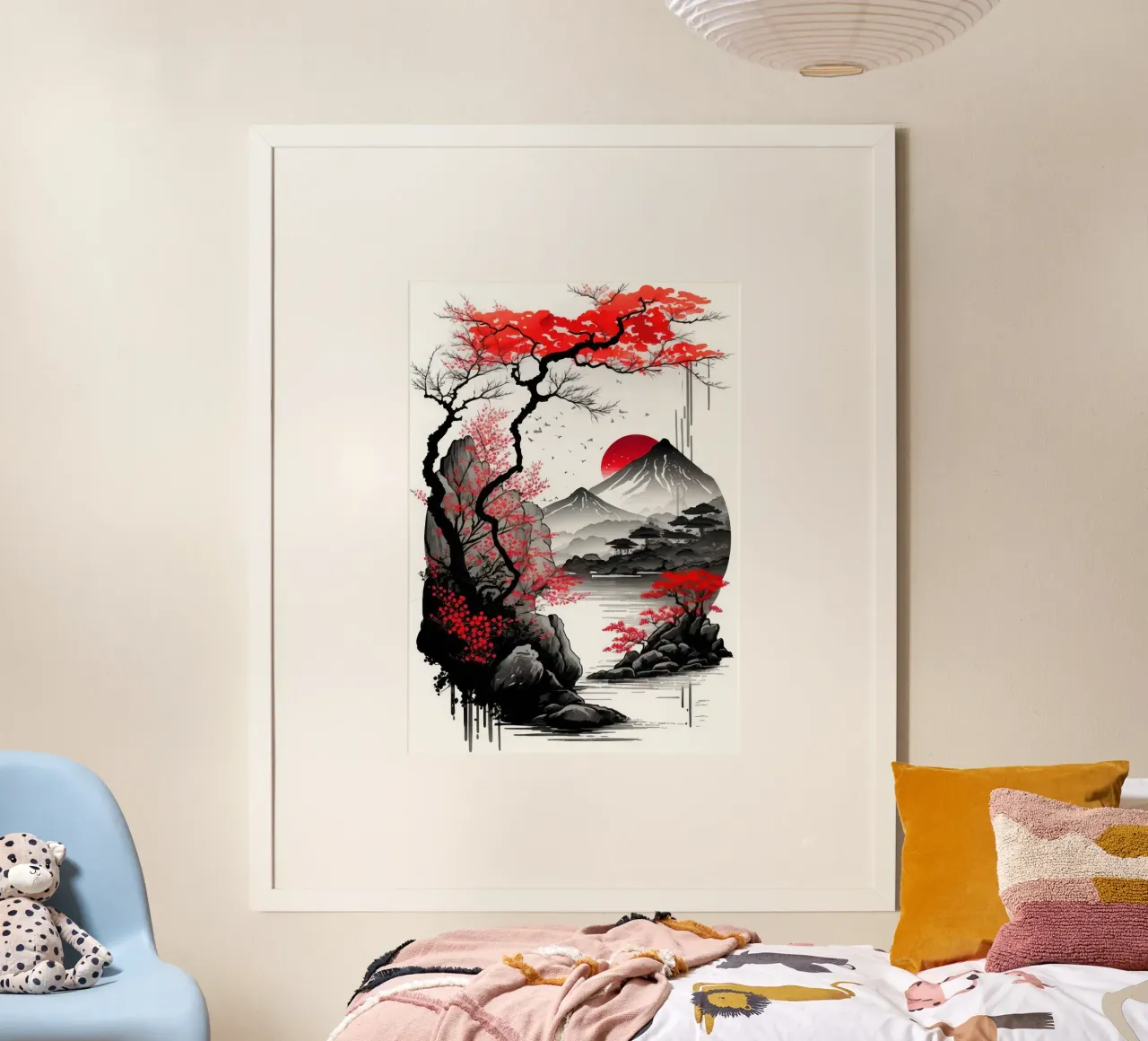 montagna rosso sole fiume albero montagna riflessione uccelli poster con telaio in plastica da minerva santiago