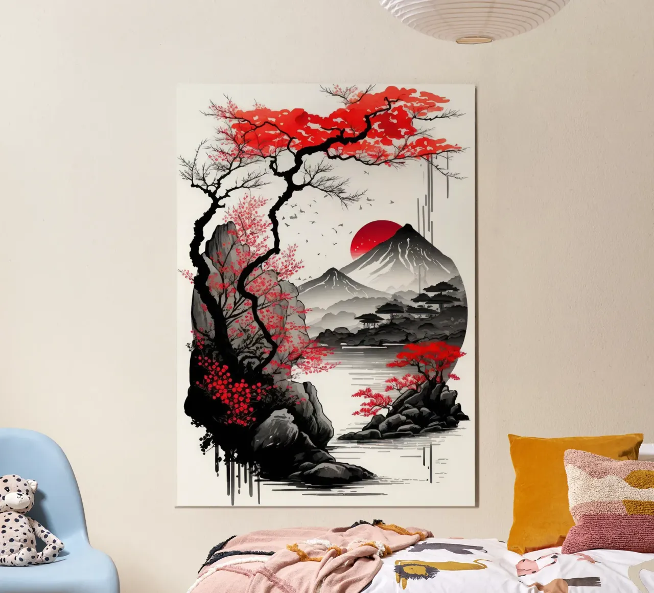 montagna rosso sole fiume albero montagna riflessione uccelli poster con telaio in plastica da minerva santiago