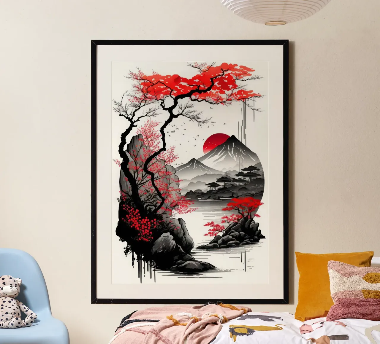 montagna rosso sole fiume albero montagna riflessione uccelli poster con telaio in plastica da minerva santiago