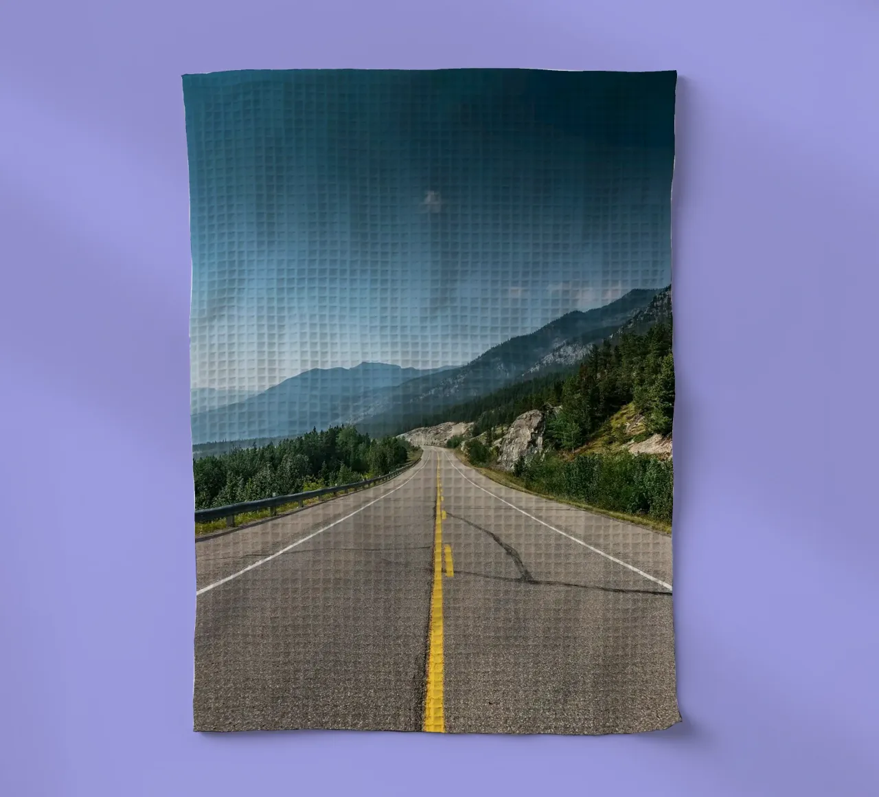road highway mountains forest trees sky clouds pavement tea towel by minerva santiago