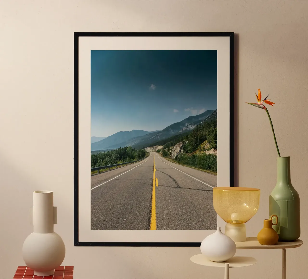 road highway mountains forest trees sky clouds pavement hahnemühle by minerva santiago