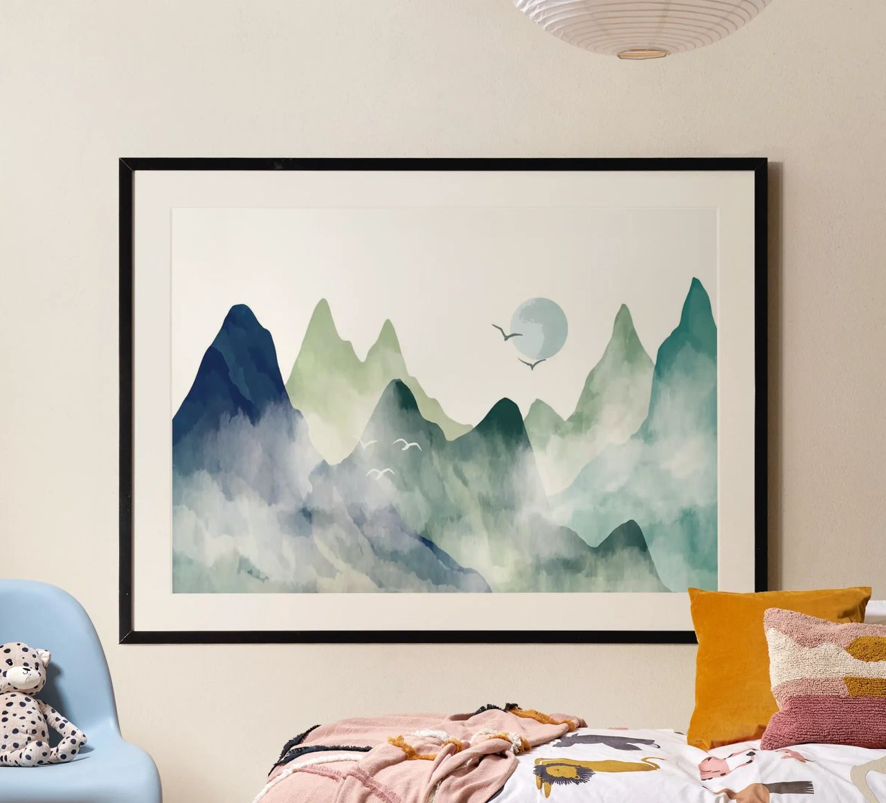mountains mist moon birds sky nature landscape poster by Jhon W Caquimbo