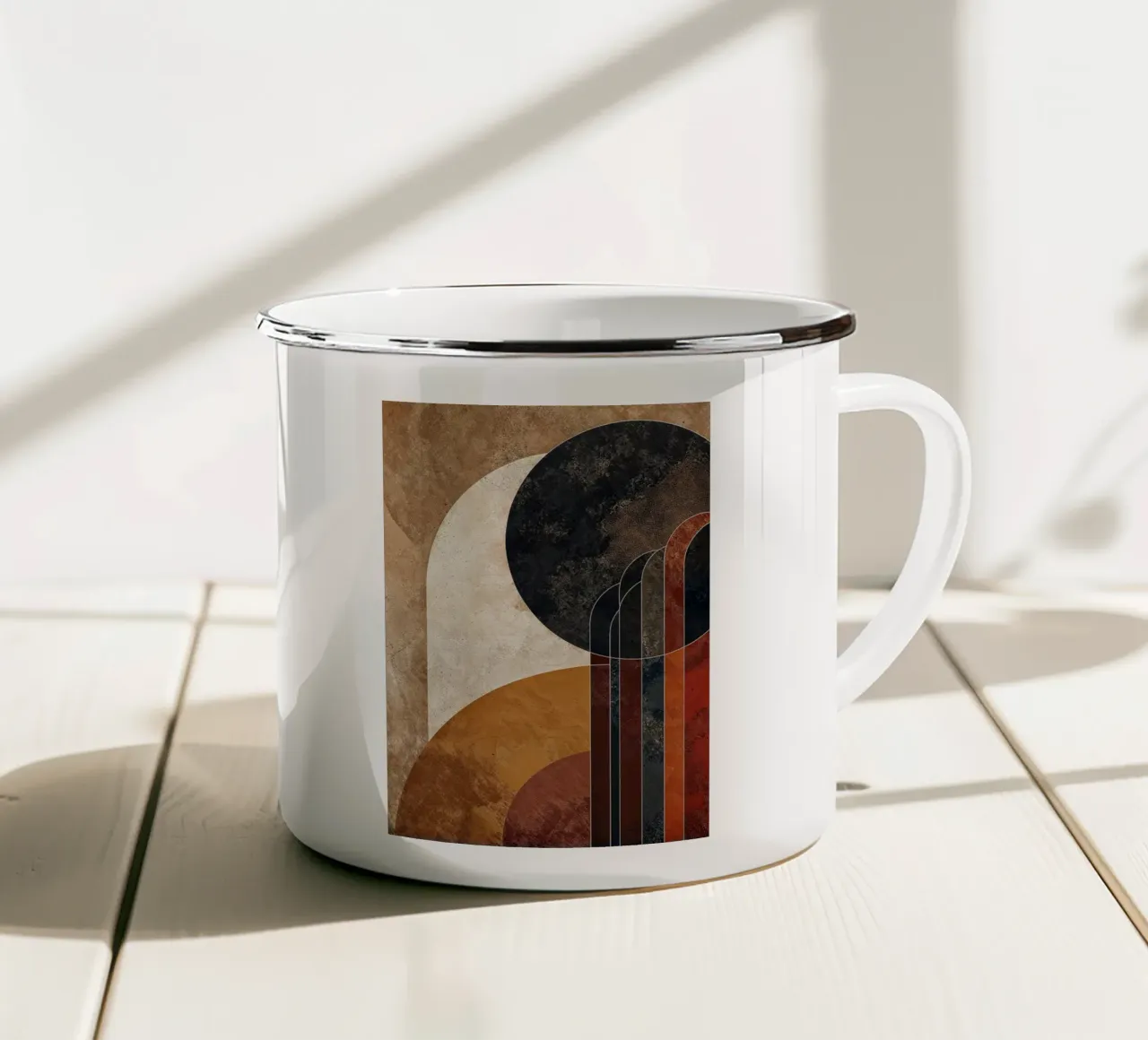 cercles lignes courbes formes abstraites textures tons de terre ov mug en émail de Nick Haluck