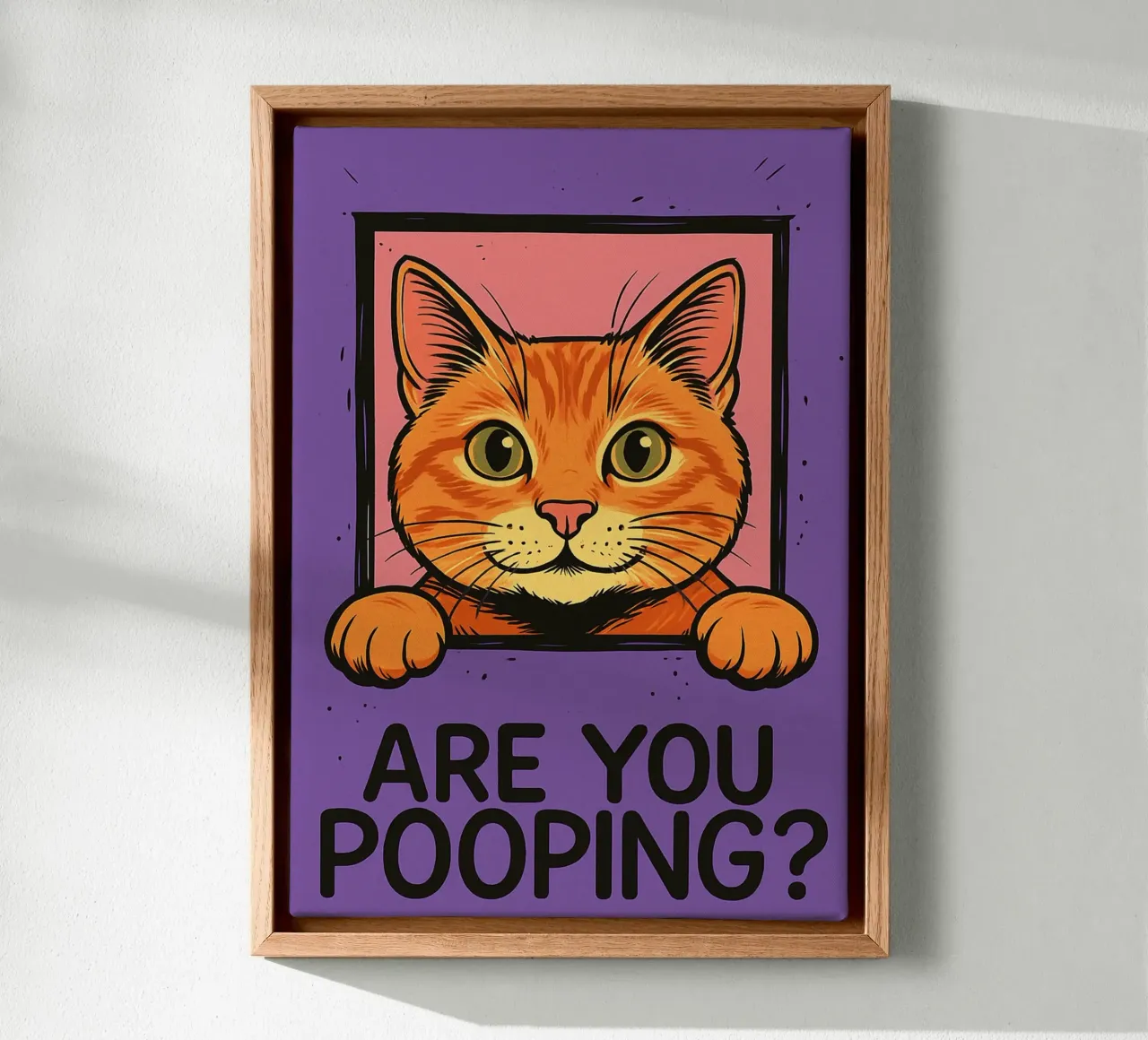 cat are you pooping bathroom funny canvas with Floater frame by PitaraS