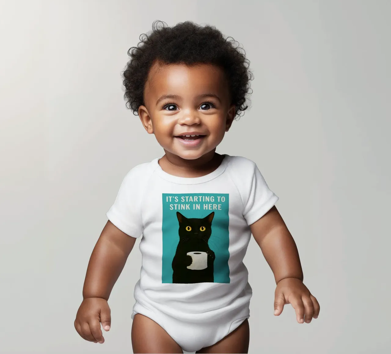 funny cat toliet humor its starting to stink in here short-sleeve baby romper by PitaraS