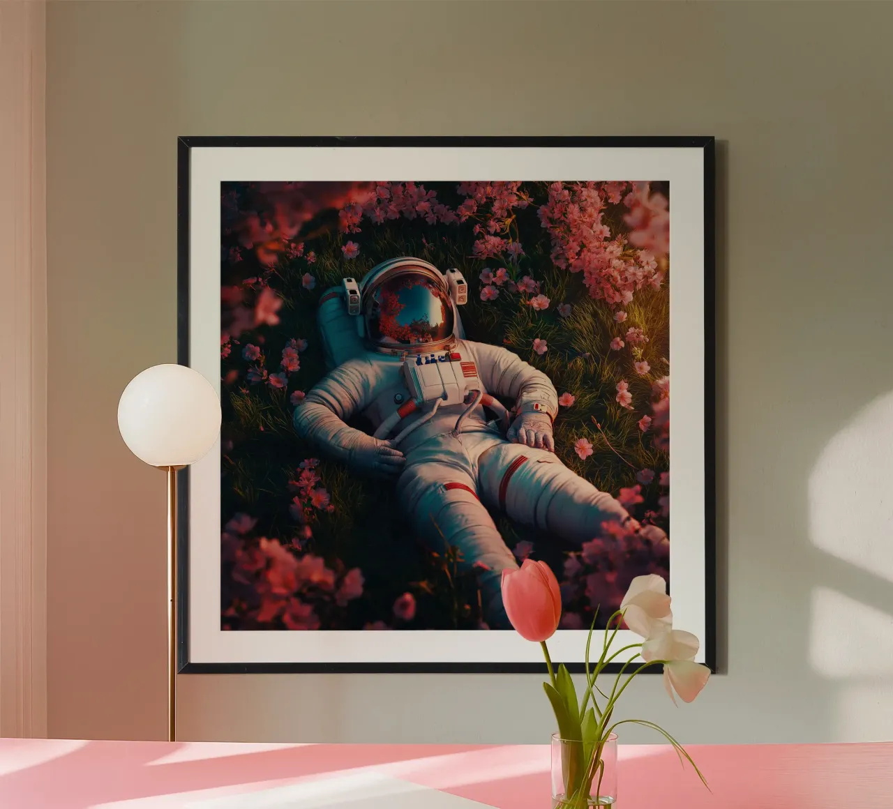 Astronaut and cherry blossoms poster con telaio in alluminio da Motivate-Today