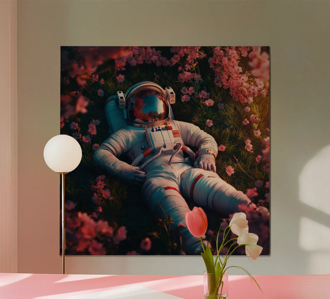 Astronaut and cherry blossoms poster con telaio in alluminio da Motivate-Today