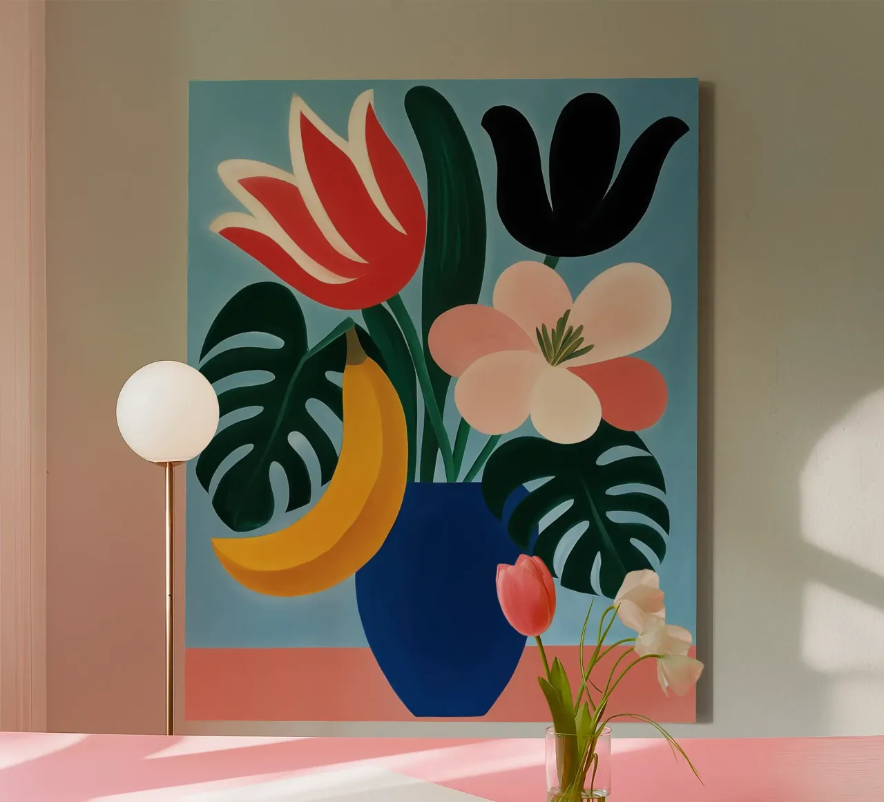 Flora Moderna mit Banane | Stillleben mit Überraschung Leinwand mit Schattenfugenrahmen von Autofocus