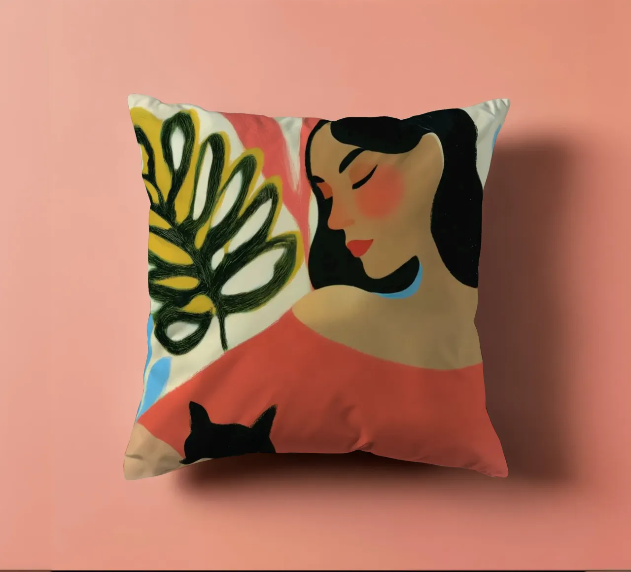Midday rest with a cat | Portrait of a woman decorative cushion by Autofocus