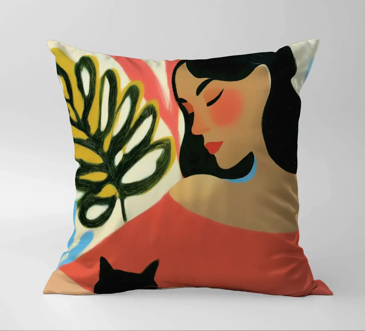 Midday rest with a cat | Portrait of a woman decorative cushion by Autofocus