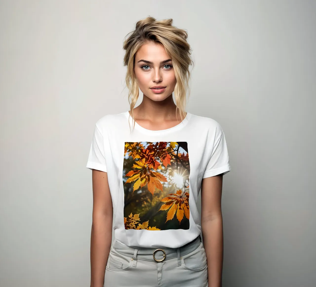 Autumn leaves in vibrant colors illuminated by sunlight women's fitted t-shirt by DesignDoodle