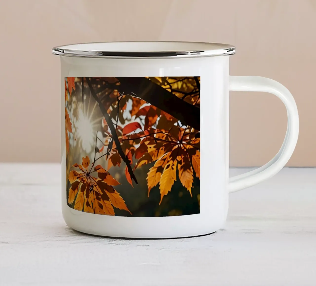 Foglie d'autunno dai colori vivaci illuminate dalla luce del sole tazza in smalto da DesignDoodle