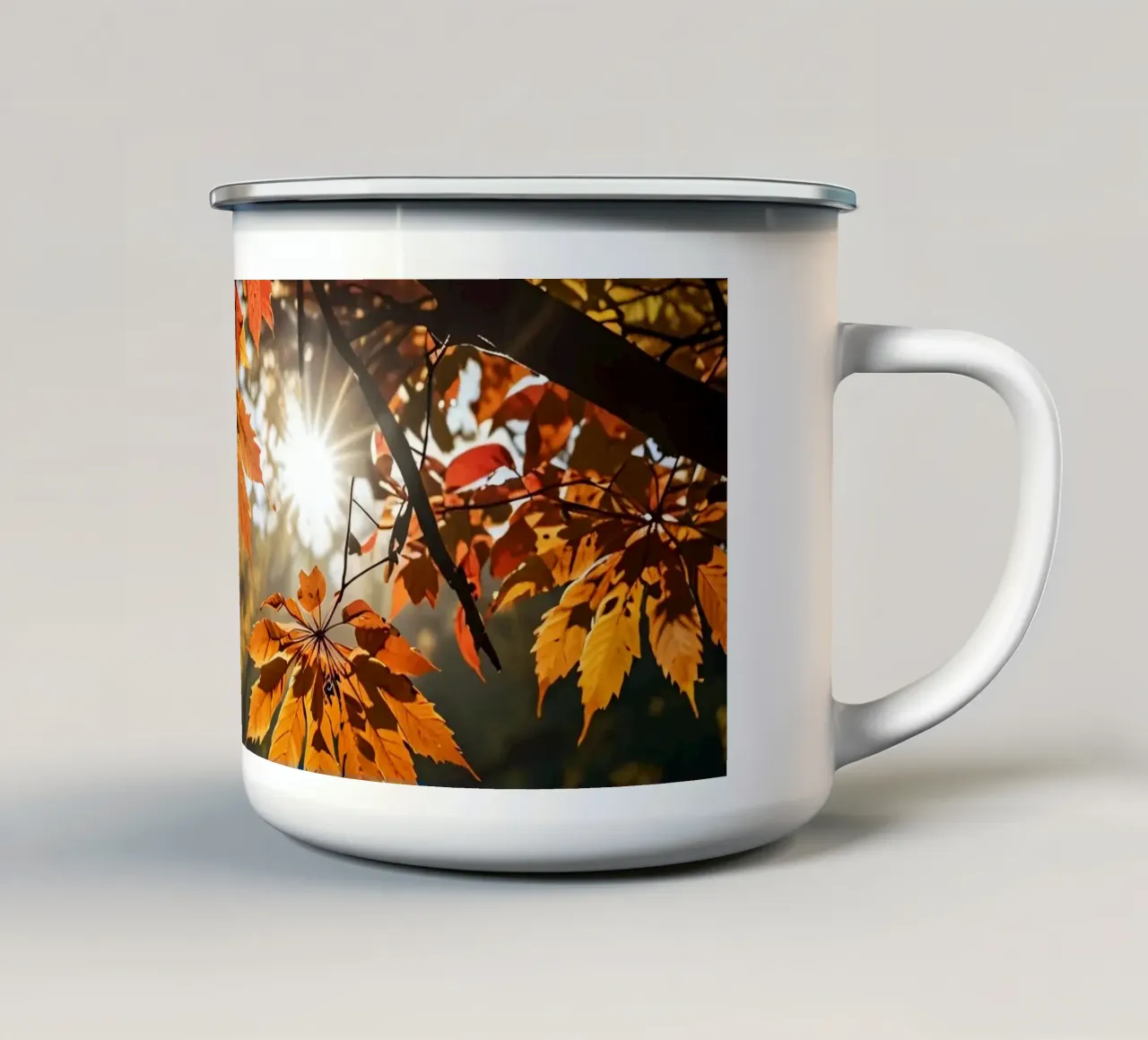 Foglie d'autunno dai colori vivaci illuminate dalla luce del sole tazza in smalto da DesignDoodle