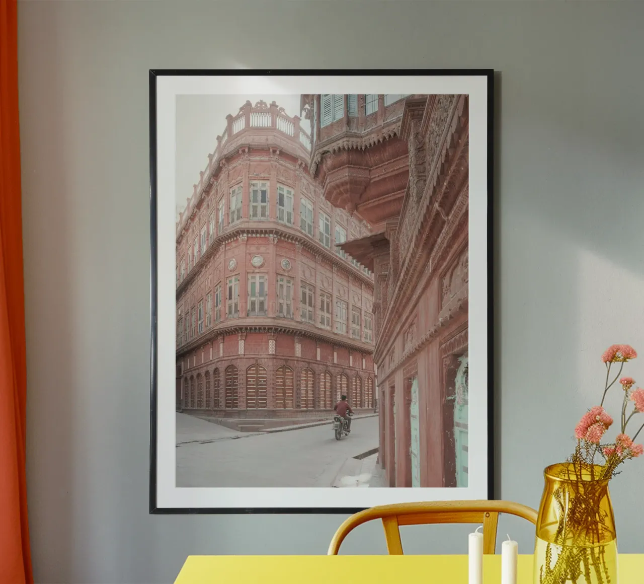 Pastel pink streets of Rajasthan poster with wooden frame by Kimberley Jekel Photography