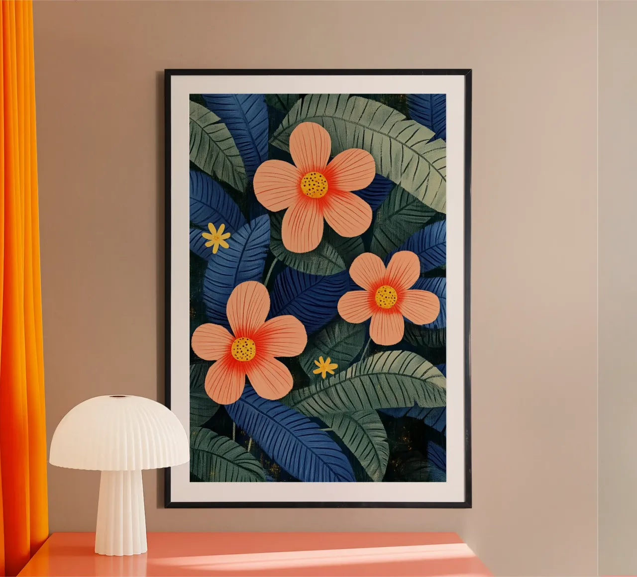 Fiori della giungla arancioni poster con telaio in plastica da Curious Canvas