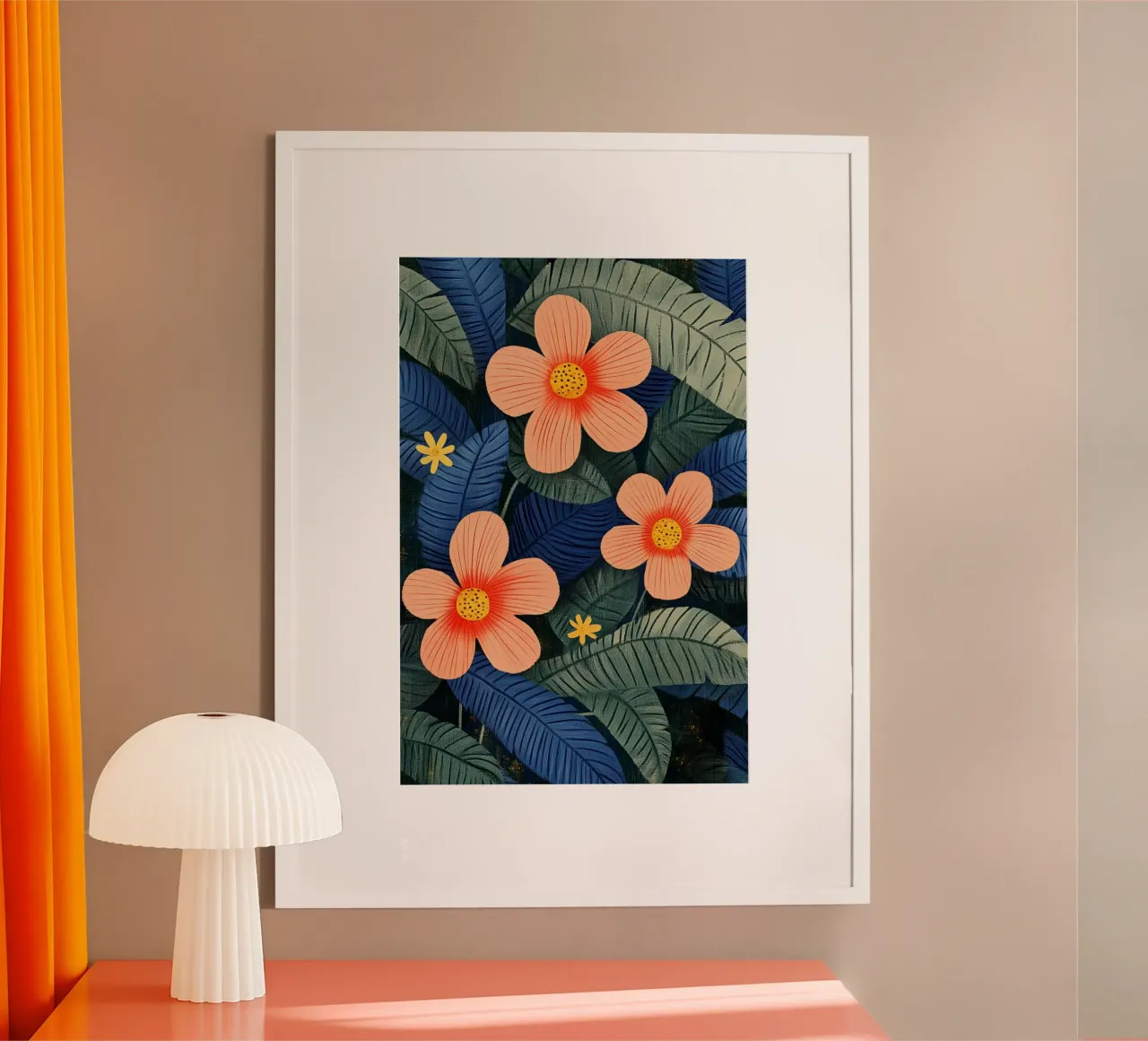 Fiori della giungla arancioni poster con telaio in plastica da Curious Canvas