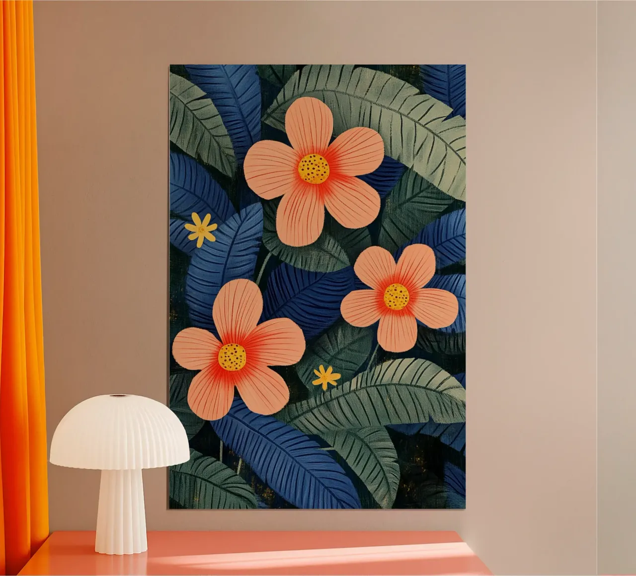 Fiori della giungla arancioni poster con telaio in plastica da Curious Canvas