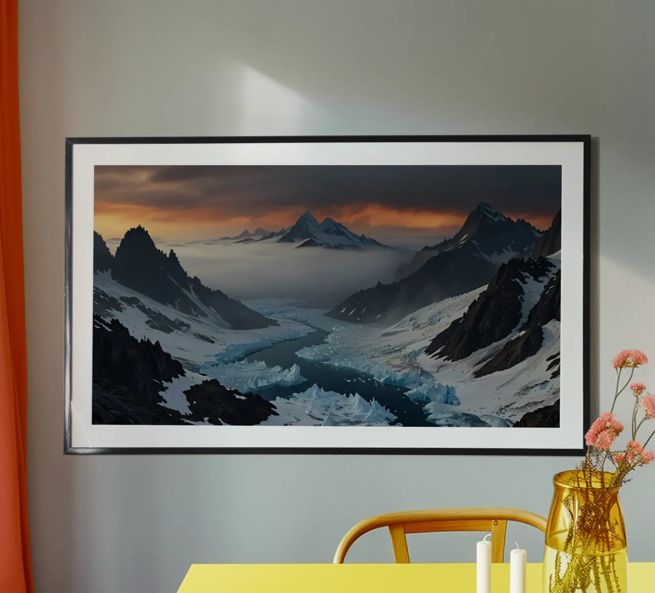 Gletscherlandschaft mit eisigem Fluss, der durch die Berge fließt Poster von DesignDoodle
