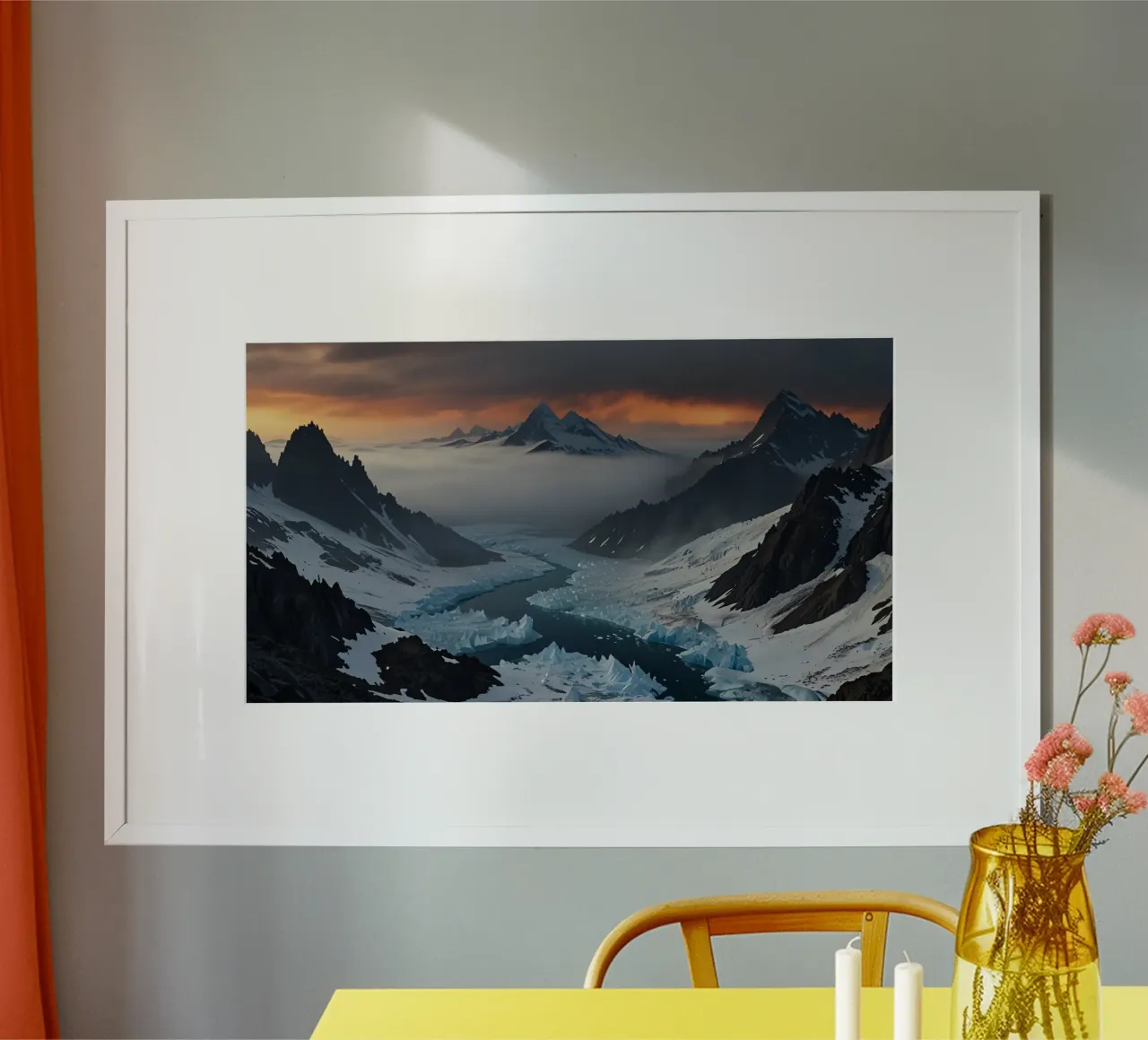 Gletscherlandschaft mit eisigem Fluss, der durch die Berge fließt Poster von DesignDoodle