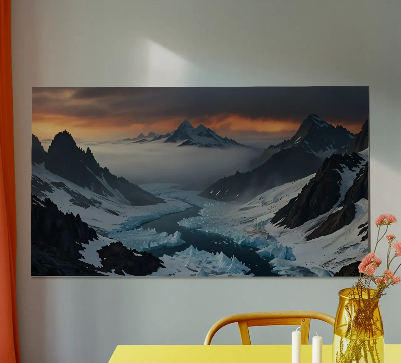 Gletscherlandschaft mit eisigem Fluss, der durch die Berge fließt Poster von DesignDoodle