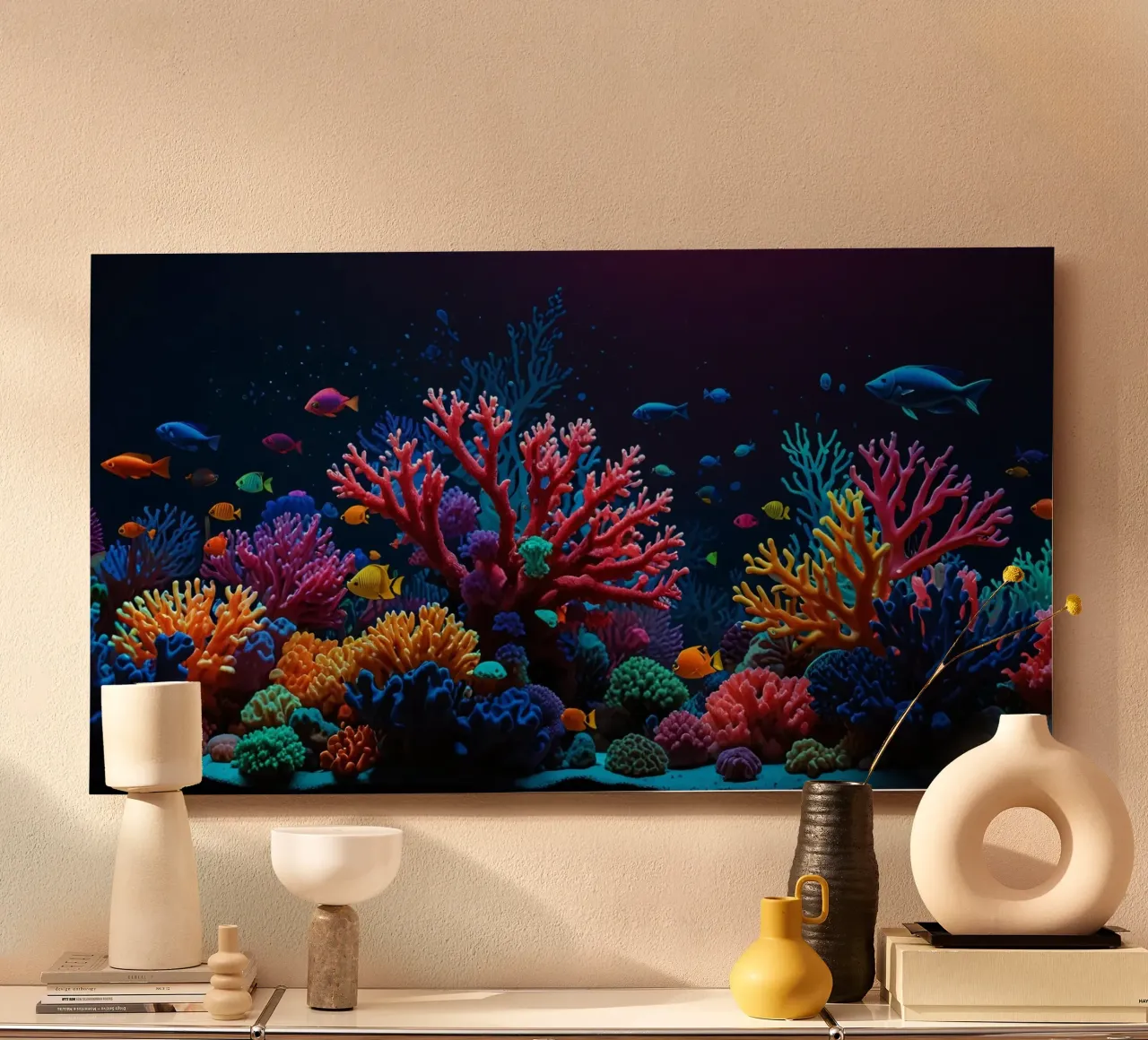 barriera corallina piena di pesci colorati in una calma atmosfera subacquea. alluminio dibond da DesignDoodle