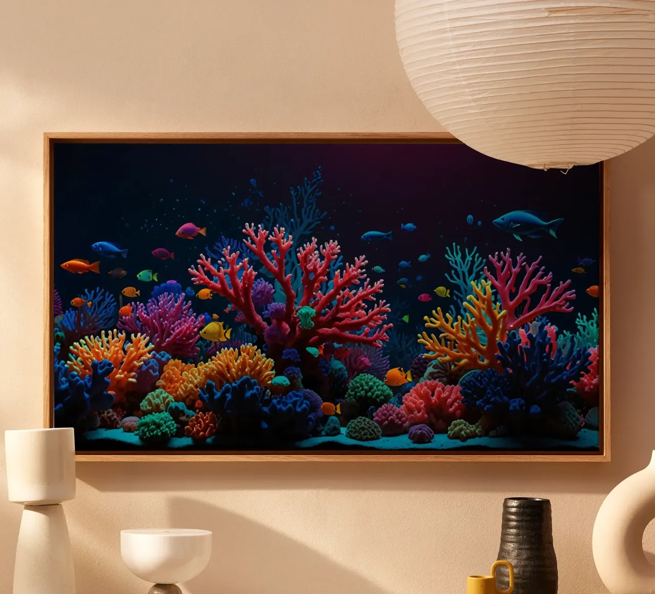 barriera corallina piena di pesci colorati in una calma atmosfera subacquea. tela da DesignDoodle