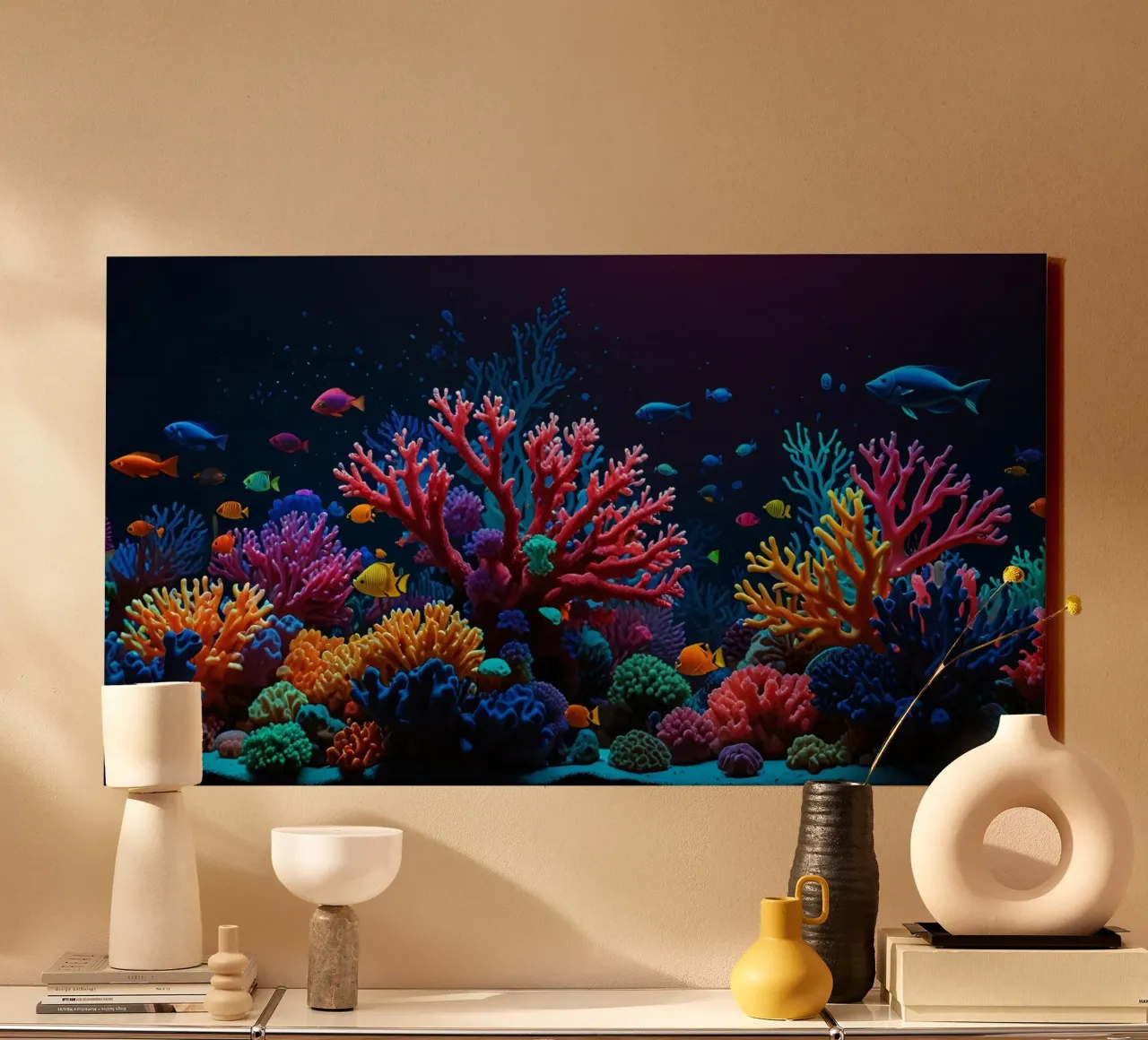 barriera corallina piena di pesci colorati in una calma atmosfera subacquea. tela da DesignDoodle