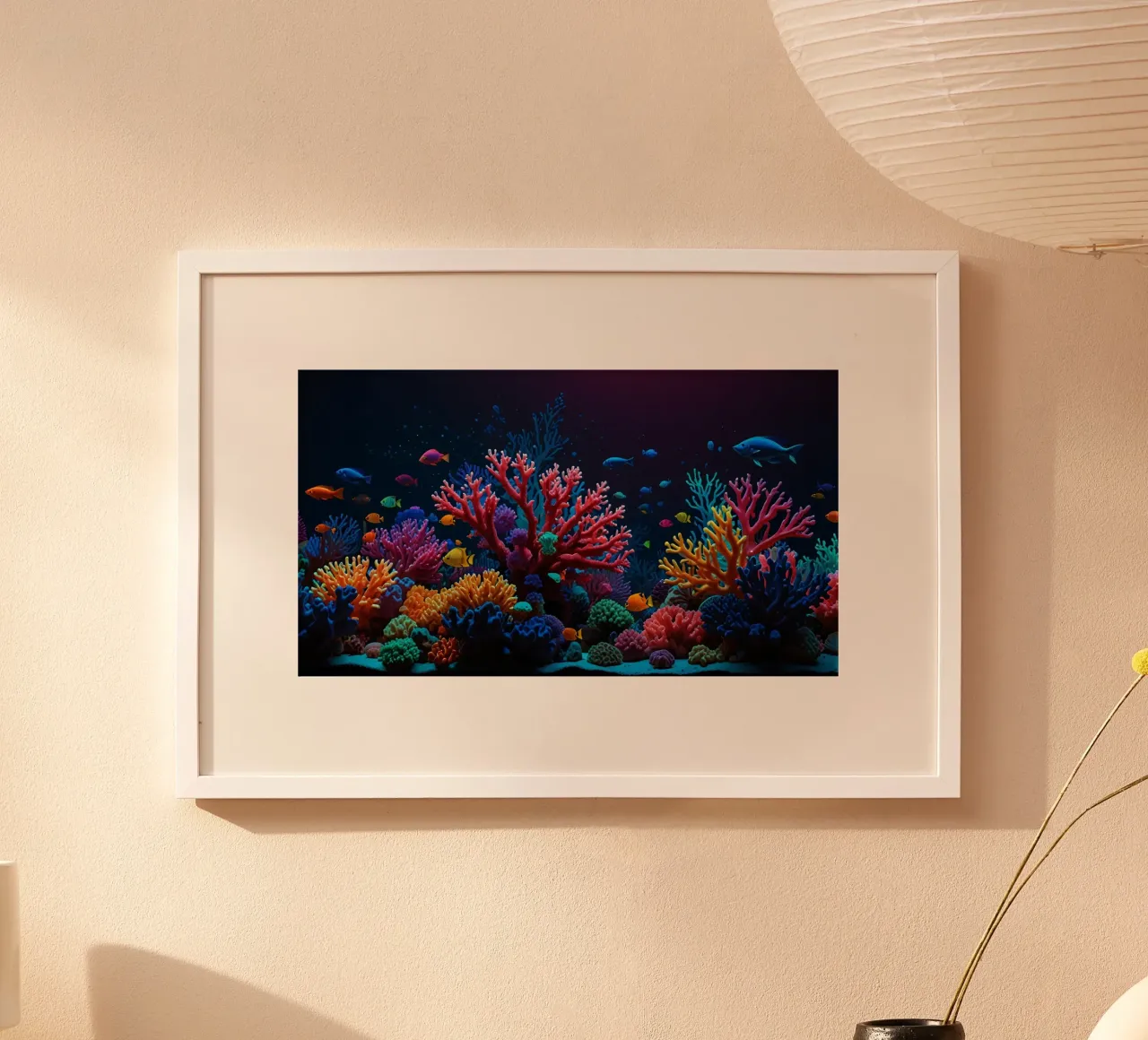 barriera corallina piena di pesci colorati in una calma atmosfera subacquea. carta hahnemühle da DesignDoodle