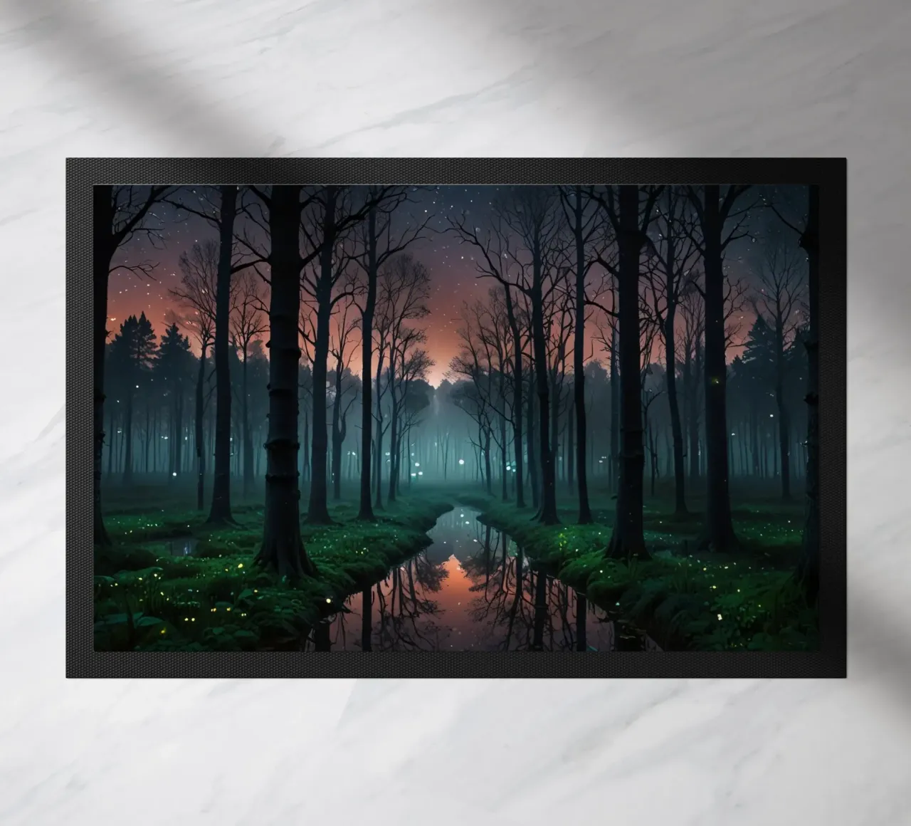 Foresta crepuscolare con corso d'acqua scintillante zerbino da DesignDoodle